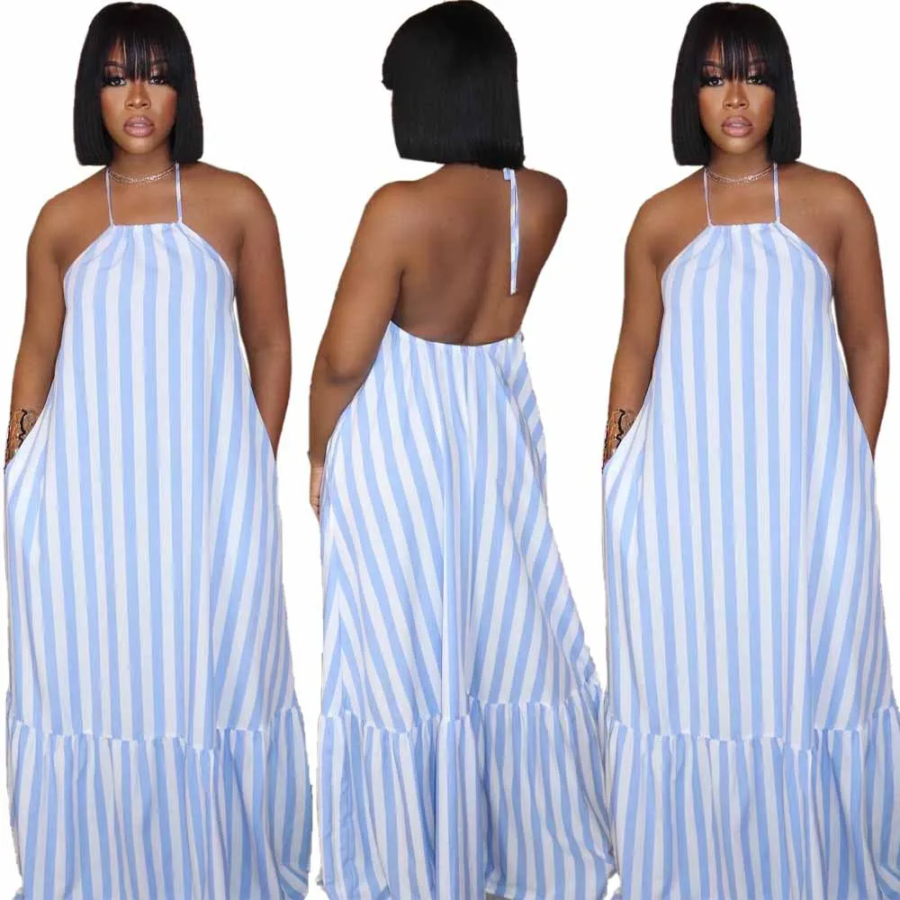 Zoctuo Fashion Blue And White Striped Dress Sexy Halter Neck Cute Floor Length Dress Large Swing Loose Waist Pleated Maxi Dresse
Zoctuo Fashion Blue And White Striped Dress Sexy Halter Neck Cute Floor Length Dress Large Swing Loose Waist Pleated Maxi Dresse