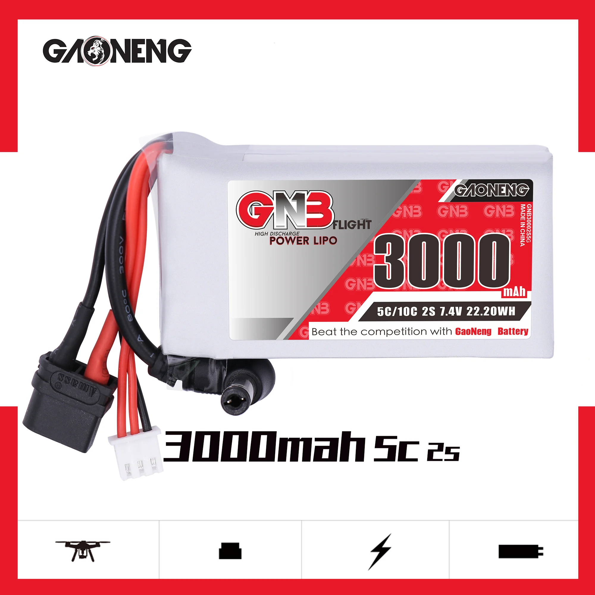 

GAONENG 3000mAh 7.4V 2S 5C Lipo Battery Power Indicator With XT60U-F DC5.5 Plug for Fatshark Glass Dominator Skyzone FPV Goggles