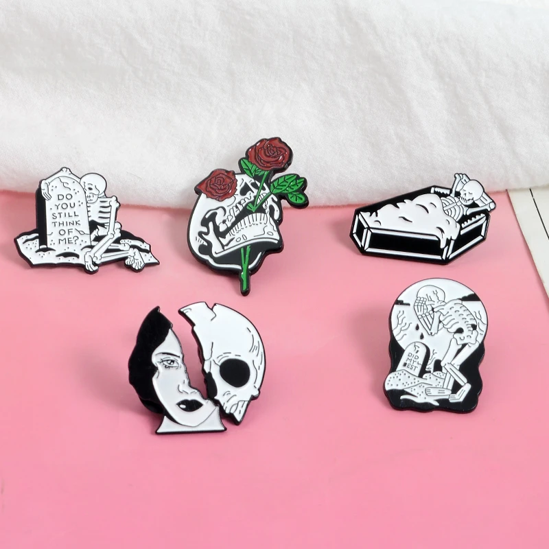 Skeleton Pins Tombstone Coffin Rose Women Human face Skull Dead Lovers Brooches Enamel pin Punk Badges for friends lovers Gift 
Skeleton Pins Tombstone Coffin Rose Women Human face Skull Dead Lovers Brooches Enamel pin Punk Badges for friends lovers Gift