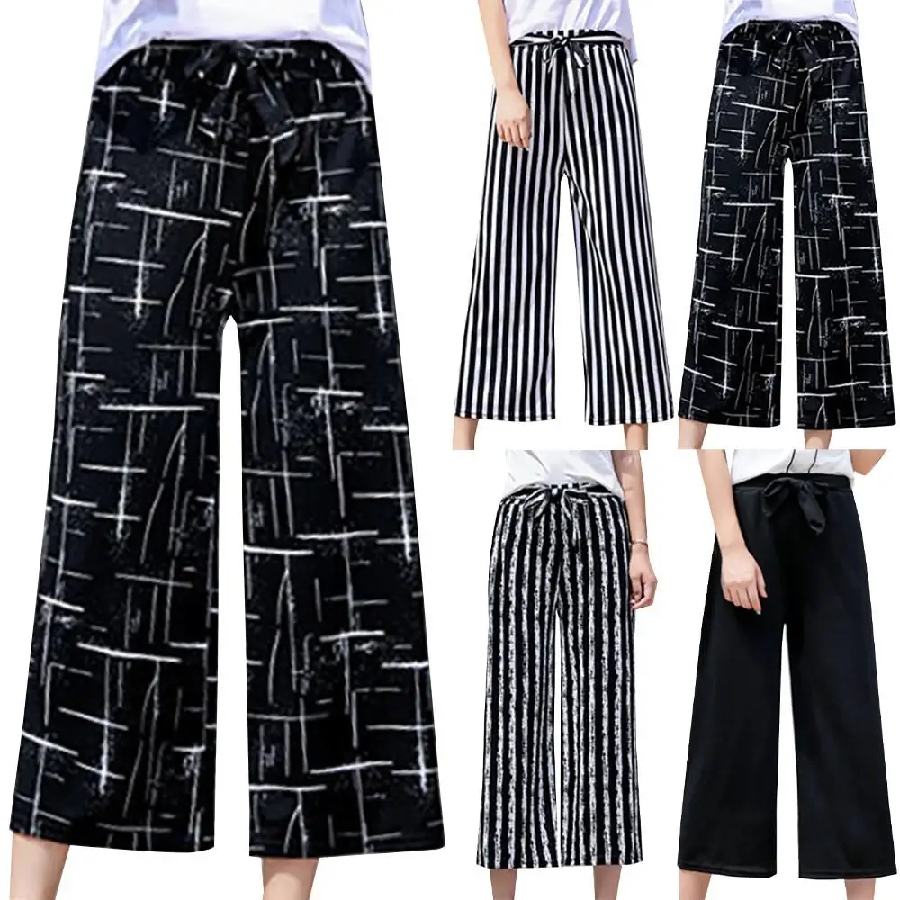Брюки женские с широкими штанинами, повседневные свободные штаны в полоску, с завязкой, с принтом, с завышенной талией, с поясом, на лето 
Брюки женские с широкими штанинами, повседневные свободные штаны в полоску, с завязкой, с принтом, с завышенной талией, с поясом, на лето