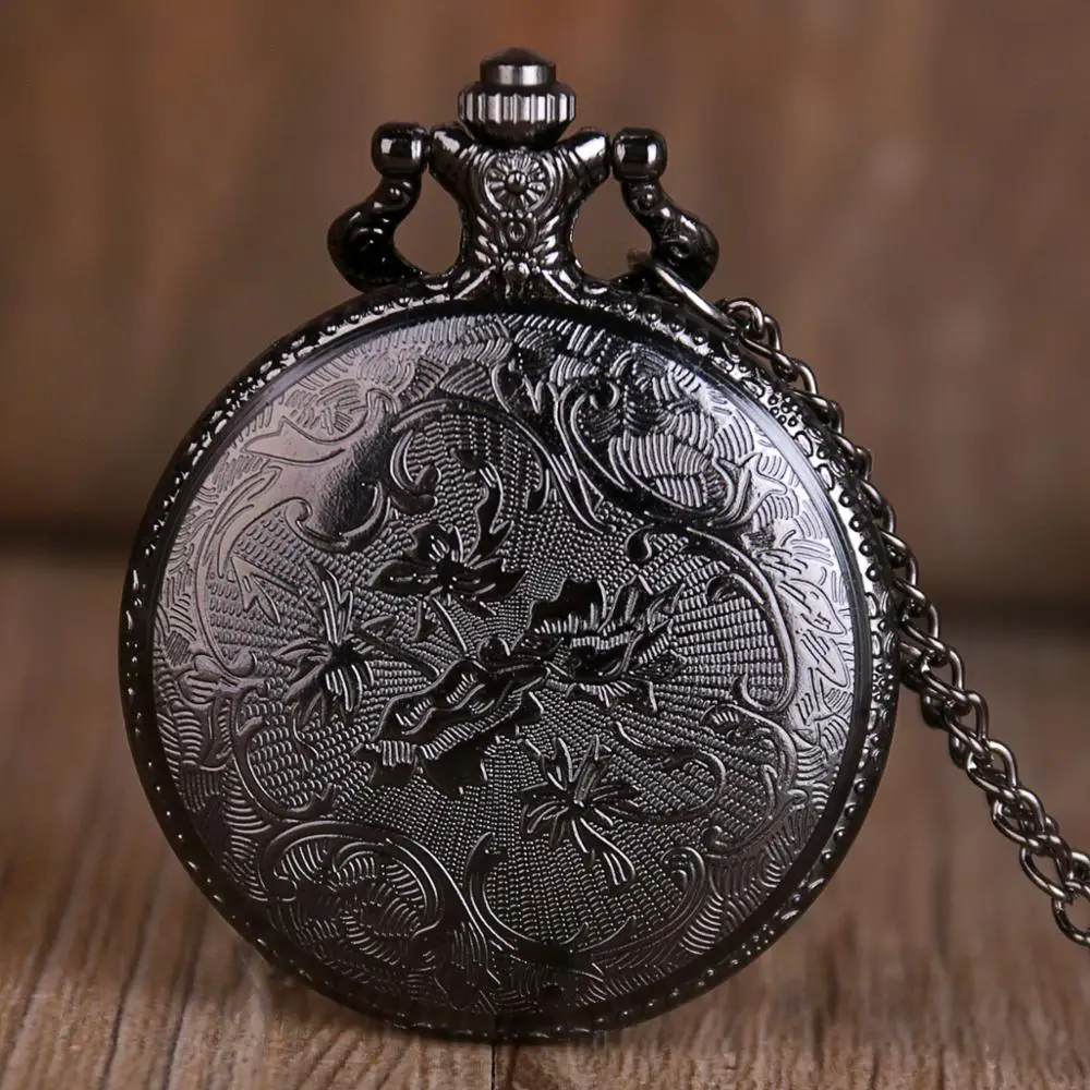 Античный стимпанк черные Кино Тема кварцевые карманные часы ожерелье цепочка