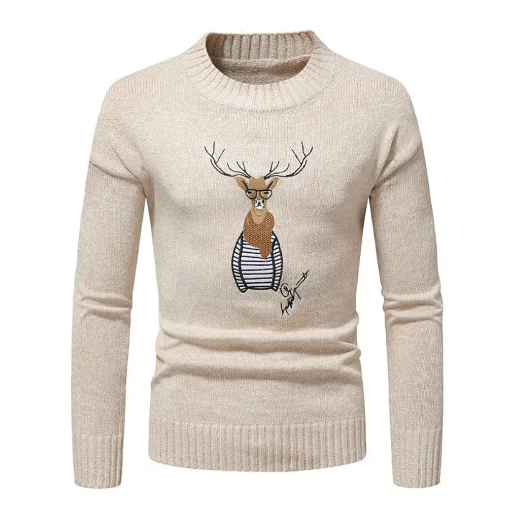 

Мужской свитер с круглым вырезом, Рождественский свитер с вышивкой оленя, приталенный осенний свитер с воротником-лосем, топы на Новый год ...