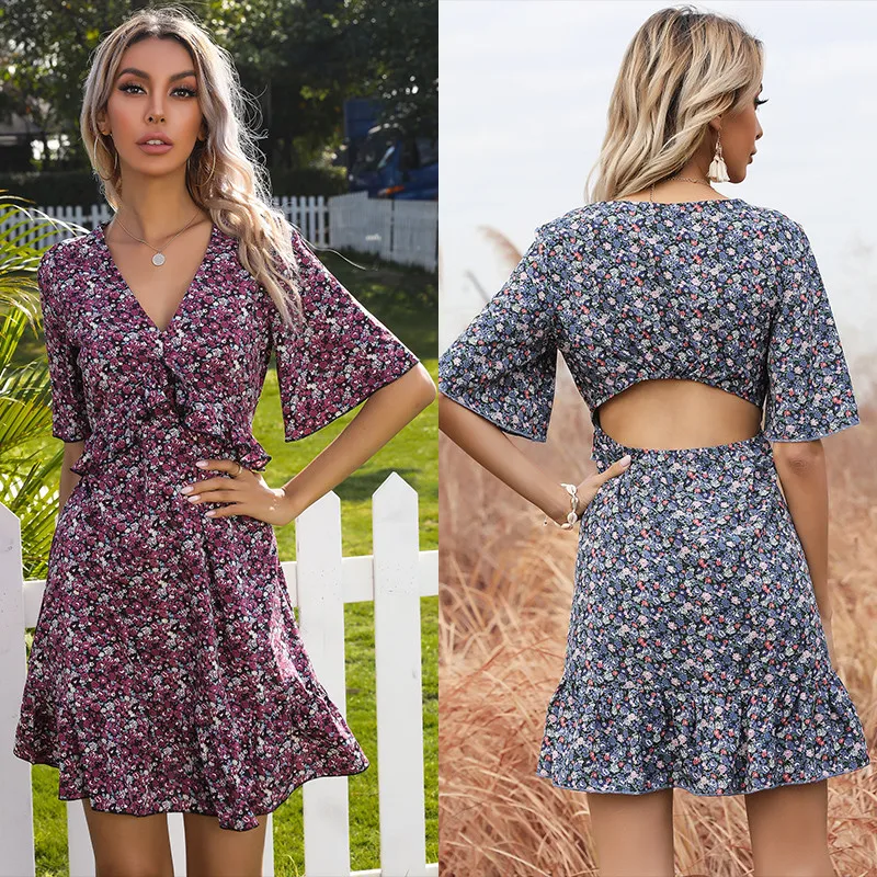 Dresses For Women 2021 Summer Floral V-Neck Short-Sleeved Open Back Ruffled Flared Sleeve Nлатье Nетнее Robe Femme Vestidos
Dresses For Women 2021 Summer Floral V-Neck Short-Sleeved Open Back Ruffled Flared Sleeve Nлатье Nетнее Robe Femme Vestidos
