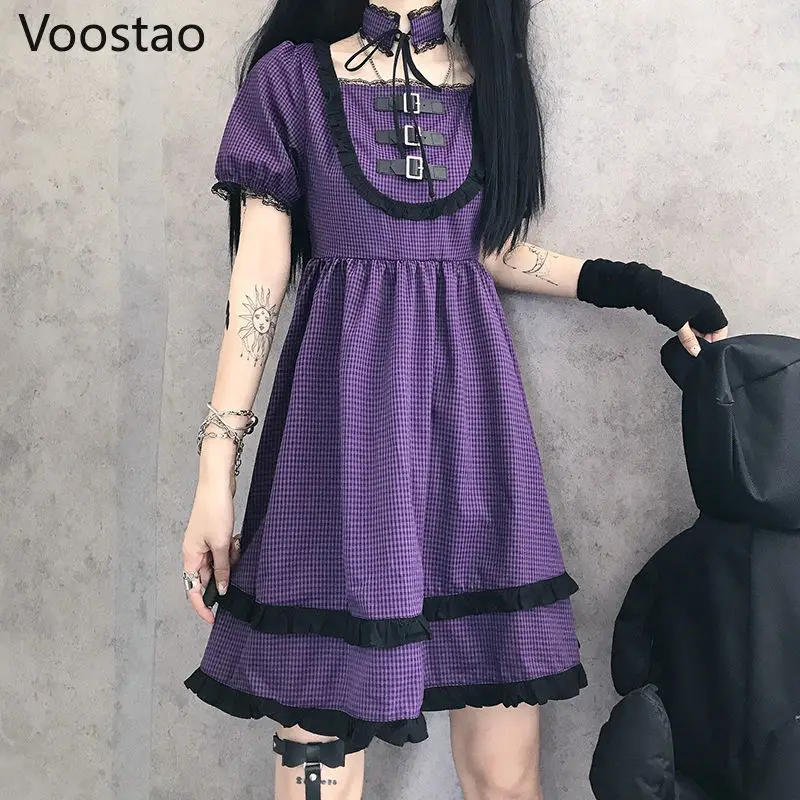 Japanese Harajuku Gothic Lolita Dress Women Streetwear Summer Dress Lace Square Collar Purple Plaid Bow Dress Girls Punk Dresses
Japanese Harajuku Gothic Lolita Dress Women Streetwear Summer Dress Lace Square Collar Purple Plaid Bow Dress Girls Punk Dresses