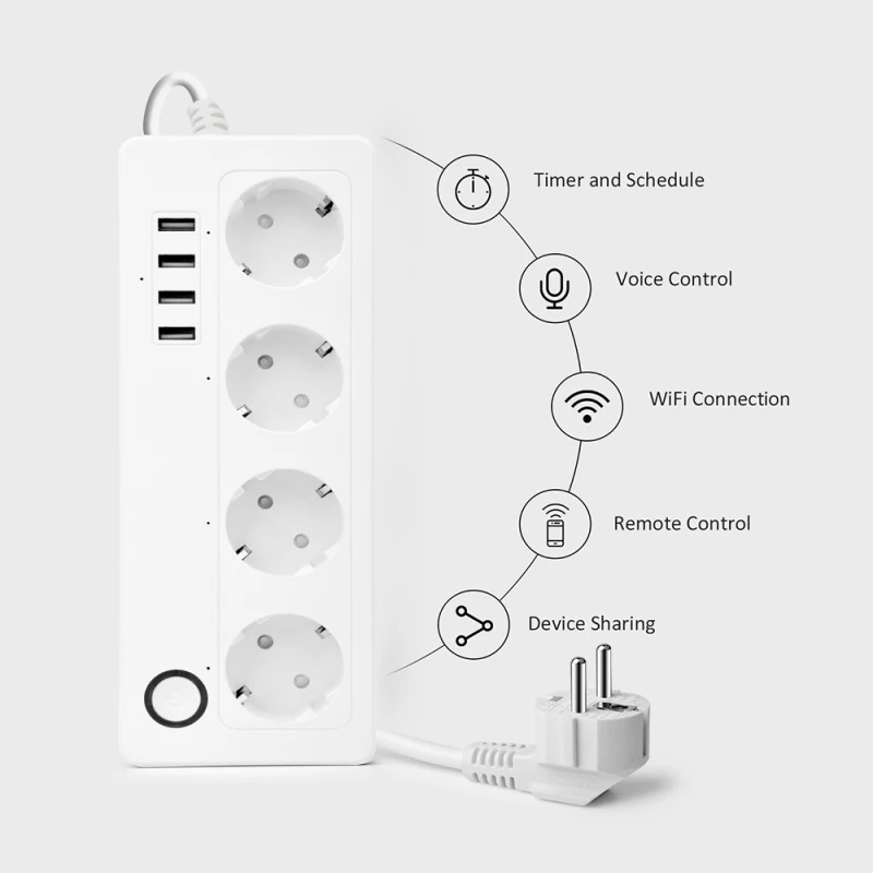 16A Tuya Wifi Smart Power Strip 4 EU Outlets Plug with 4 USB Charging Port Timing App Voice Control Work with Alexa Google Home
16A Tuya Wifi Smart Power Strip 4 EU Outlets Plug with 4 USB Charging Port Timing App Voice Control Work with Alexa Google Home