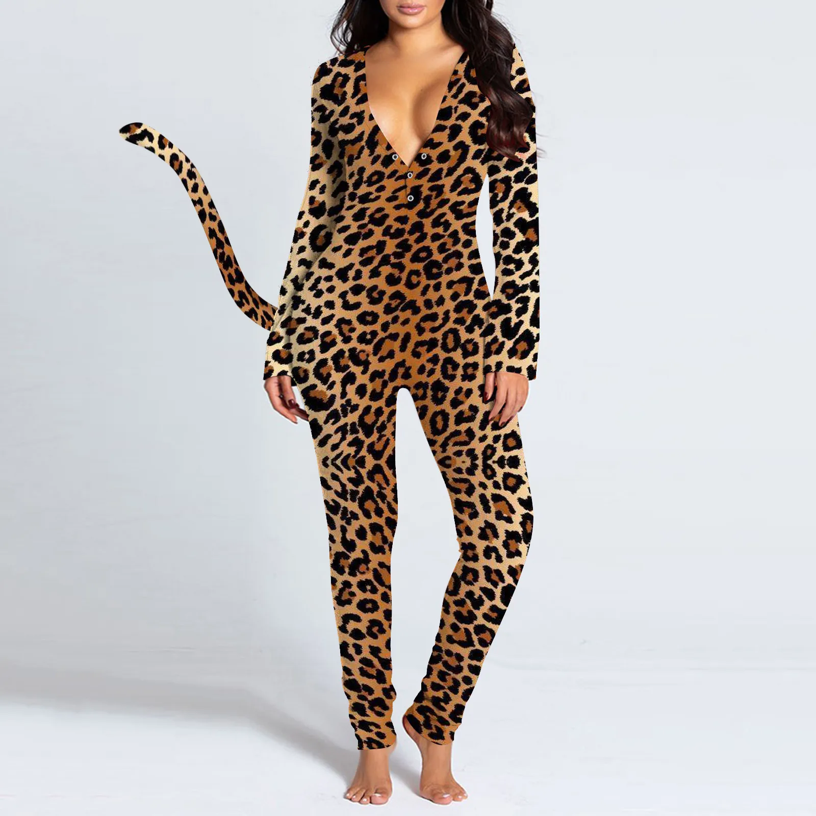 Sexy Women Bodysuit Long Sleeve Deep V Neck Leopard Bodycon Slim Leotard Bodysuit Button Long Pajama Women Sleepwear Jumpsuit
Sexy Women Bodysuit Long Sleeve Deep V Neck Leopard Bodycon Slim Leotard Bodysuit Button Long Pajama Women Sleepwear Jumpsuit