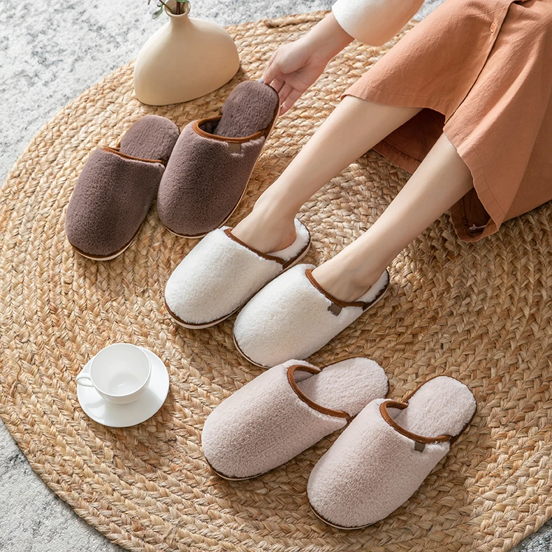 PULOMIES Winter Men's Women's Slippers Indoor Warm Plush Fur Cotton Slippers Male Furry Loafers House Fuzzy Couple Slippers