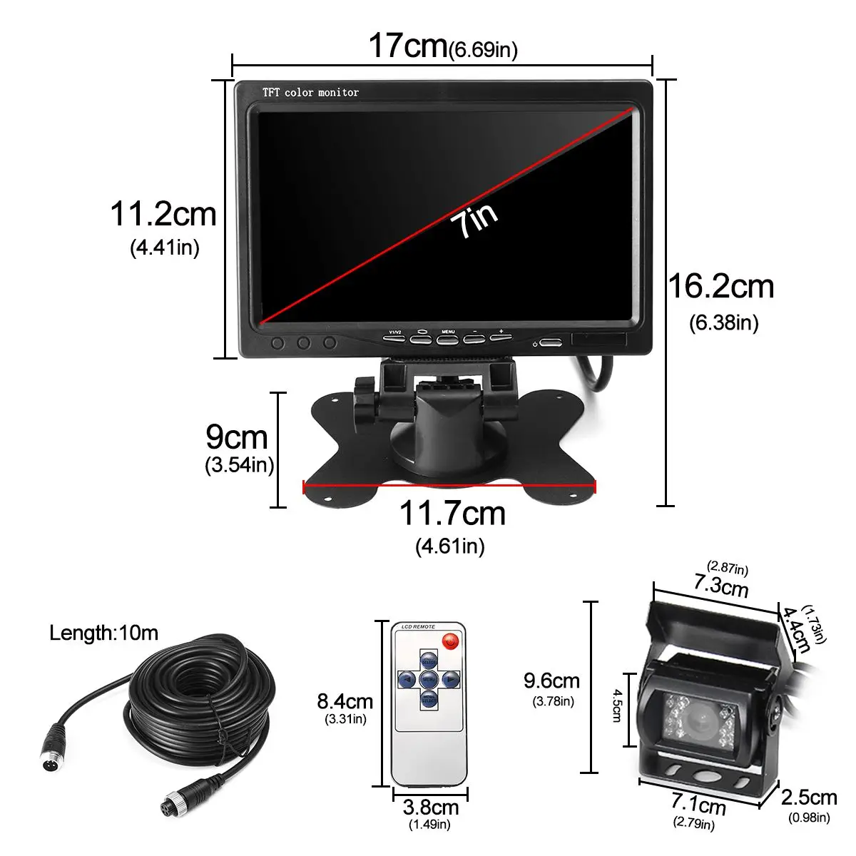7 Inch TFT LCD Monitor Waterproof Desktop Display Screen with Bus Reverse Rear View 4Pin Camera 10 Meters Air Line CCD Infrared