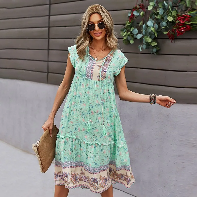Bohemia Floral Dress Summer Women V-Neck Short Sleeve Printed A-Line Dress Orange Ethnic Style Casual Commute Clothing Blue Robe
Bohemia Floral Dress Summer Women V-Neck Short Sleeve Printed A-Line Dress Orange Ethnic Style Casual Commute Clothing Blue Robe