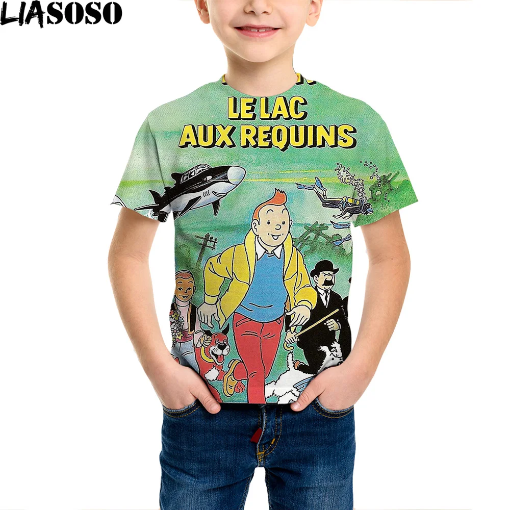 

LIASOSO 3D Print Tintin Kids Children T-shirts Beach Casual Streetwear Boy/Girl Cartoon Funny Short Sleeve Tees Tops Shirt