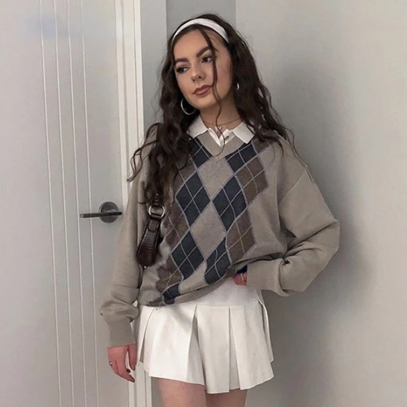 Vintage Argyle Plaid Y2K Sweaters for Women Streetwear Harajuku Oversized V-neck Pullovers Fashion Korean Knitwear
Vintage Argyle Plaid Y2K Sweaters for Women Streetwear Harajuku Oversized V-neck Pullovers Fashion Korean Knitwear