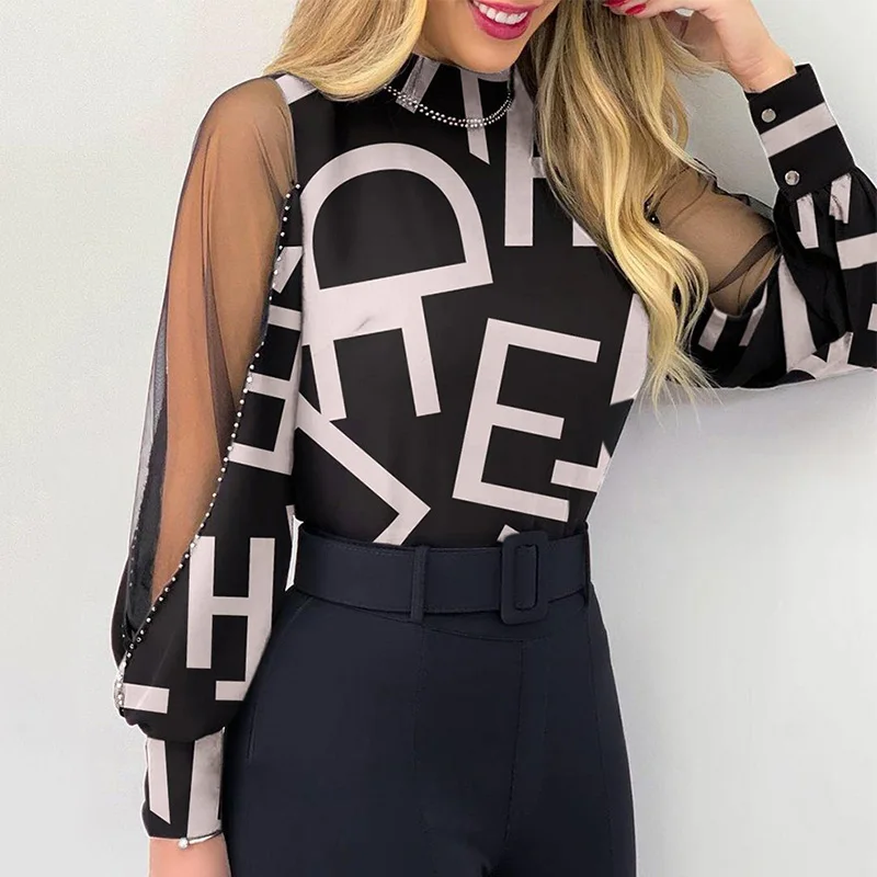 Rhinestone Letter Print Sheer Mesh Lantern Sleeve Blouse Top Spring Summer Plus Size Office Lady Slim Mesh Shirts Clothes 2022
Rhinestone Letter Print Sheer Mesh Lantern Sleeve Blouse Top Spring Summer Plus Size Office Lady Slim Mesh Shirts Clothes 2022