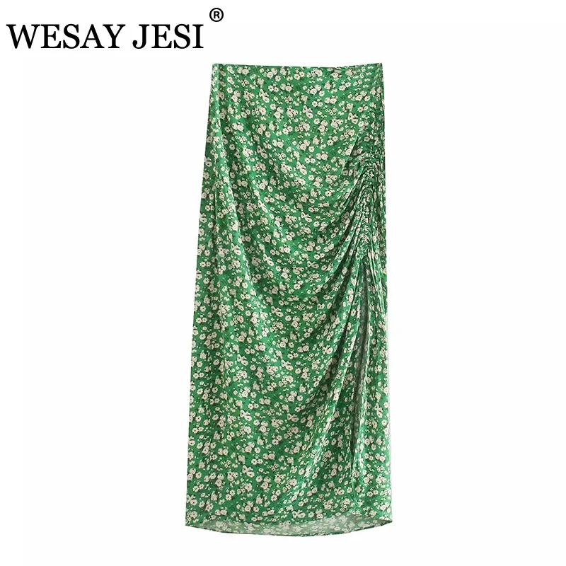 

WESAY JESI Green Skirt Fashion Vintage Floral Print High-Waisted Skirt TRAF ZA Elegant Woman Clothes Summer Long Skirt Women