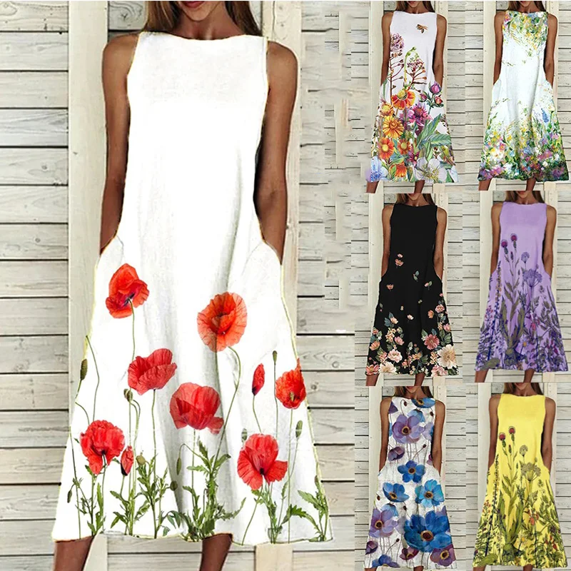 Summer Women's Loose Print Floral Long Boho Sleeveless A-Line Dress Big Swing Beach Dress Plus Size Party Dress Women's Dress
Summer Women's Loose Print Floral Long Boho Sleeveless A-Line Dress Big Swing Beach Dress Plus Size Party Dress Women's Dress