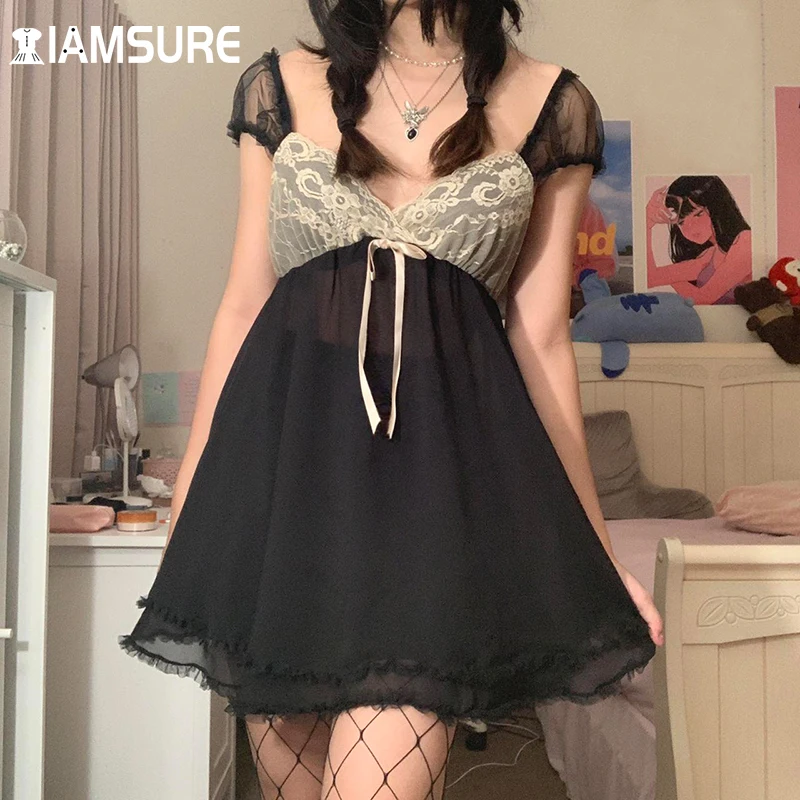 IAMSURE See Through Lace Chiffon Dress Sexy Slim Bow Deep V-Neck A-Line Mini Dresses For Women 2021 Cute Fashion Nightdress
IAMSURE See Through Lace Chiffon Dress Sexy Slim Bow Deep V-Neck A-Line Mini Dresses For Women 2021 Cute Fashion Nightdress
