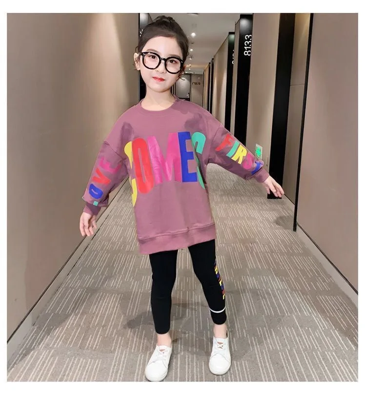 2021 Spring Autumn Girls Clothes Letters T-shirt Tracksuit Loose Hoodie T Shirt + Leggings Stretch Pants 4 5 6 7 8 9 10 12 Years | Детская
