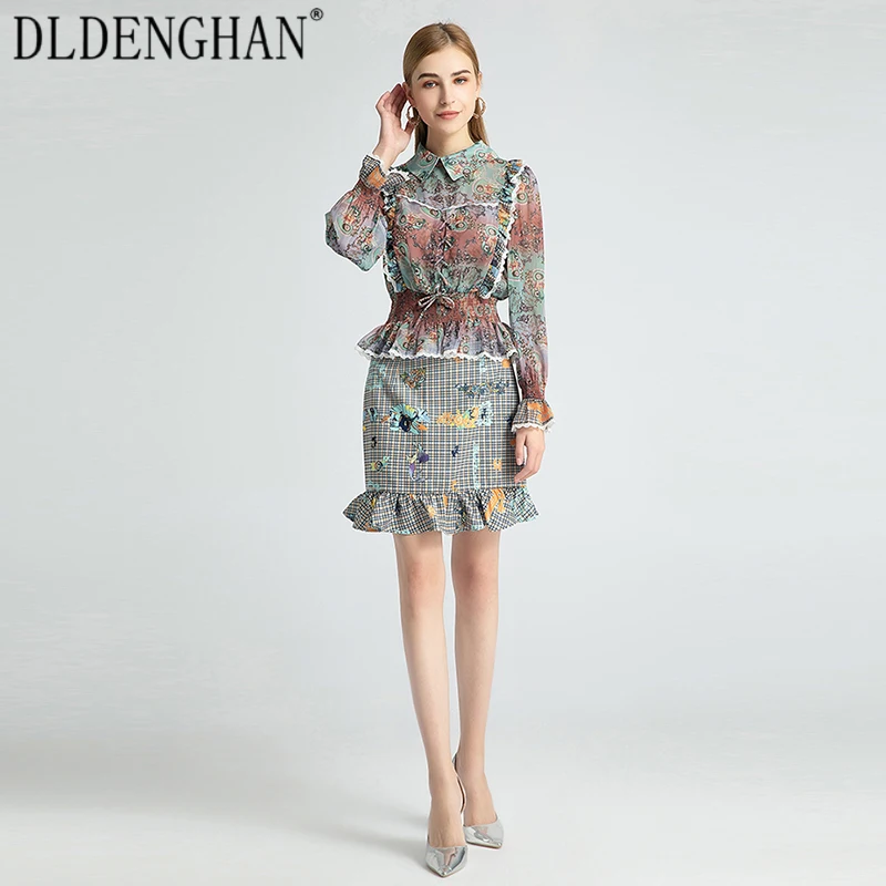 DLDENGHAN Designer Spring Set Vintage Print Ruffles Slim Tops + Plaid Mini Skirt Two-Piece Sets Fashion New
DLDENGHAN Designer Spring Set Vintage Print Ruffles Slim Tops + Plaid Mini Skirt Two-Piece Sets Fashion New