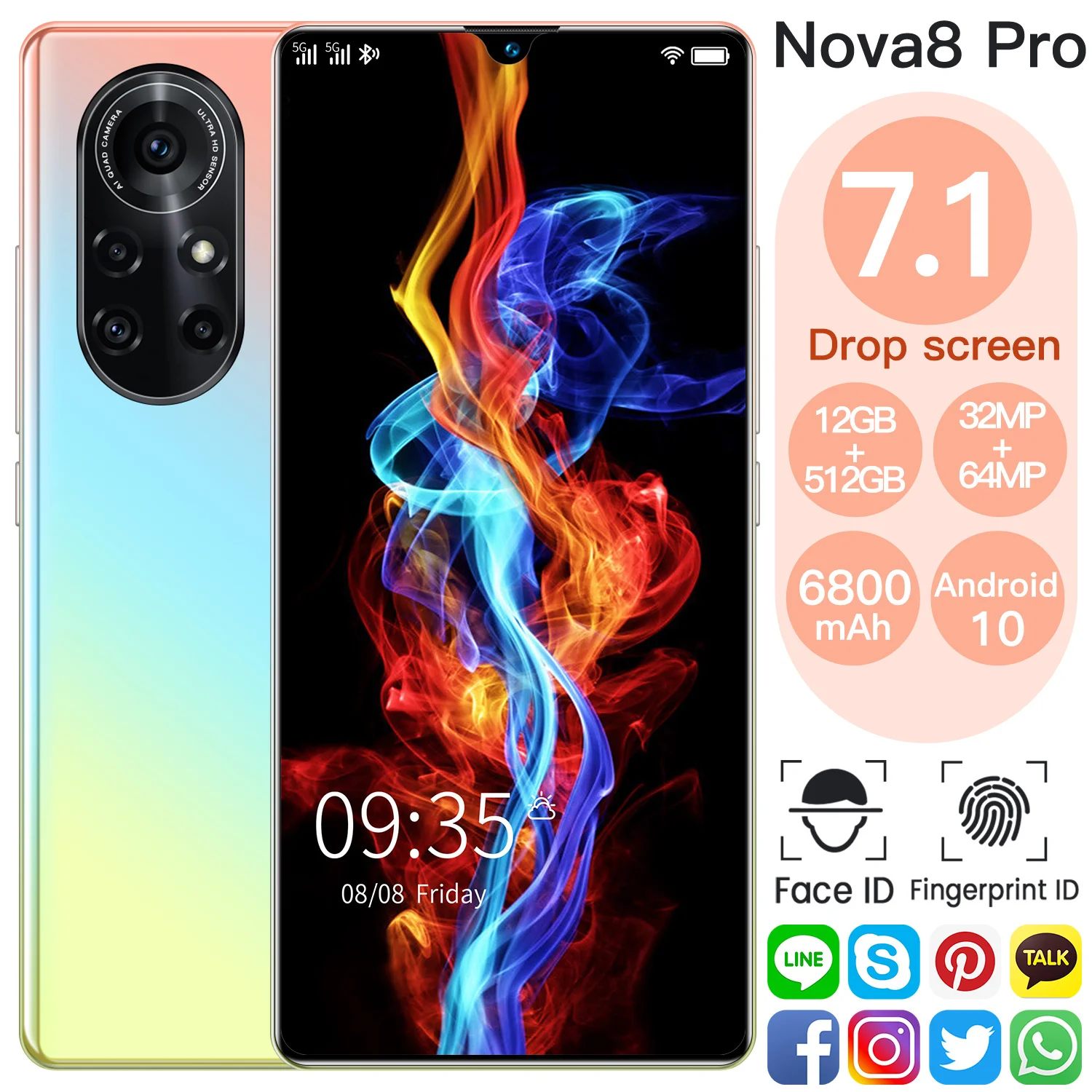 Newest Nova8Pro HD Smartphone 7.1 Inch Dual SIM Facial Fingerprint Unlock Android10 12G 512GB 6000mAh Global Version Cellphones
Newest Nova8Pro HD Smartphone 7.1 Inch Dual SIM Facial Fingerprint Unlock Android10 12G 512GB 6000mAh Global Version Cellphones