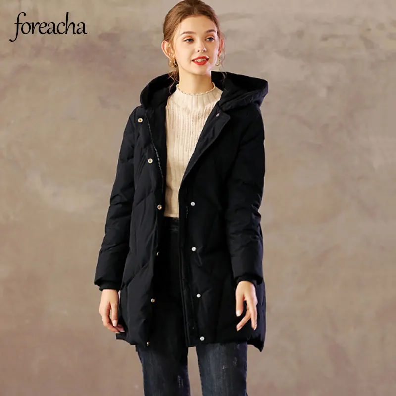 

foreacha hooded mid length down jacket female 2021 winter warmth white duck down zipper coat black loose Plus size Parkas women