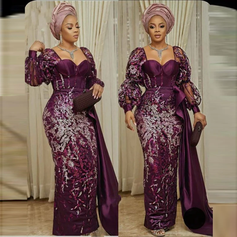 Aso Ebi Applique Prom Gowns Purple Sleeve vestidos longo Elegant Formal Evening Dresses Sequin Illusion Straight Abendkleider
Aso Ebi Applique Prom Gowns Purple Sleeve vestidos longo Elegant Formal Evening Dresses Sequin Illusion Straight Abendkleider