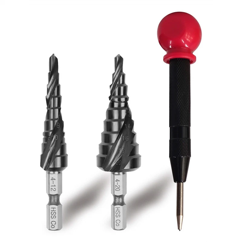 Spiral Groove Step Drill 3Piece Set with Automatic Center Punch, 1/4 inch Hexagon Shank Drill Bit, for Plastic, Wood
Spiral Groove Step Drill 3Piece Set with Automatic Center Punch, 1/4 inch Hexagon Shank Drill Bit, for Plastic, Wood