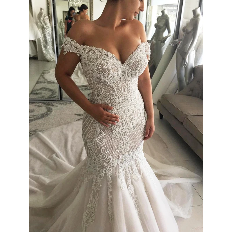 Luxurious Sexy Mermaid Lace Wedding Dresses Off Shoulder Pearls Beads Court Train Dubai Arabic Bridal Gowns robe de mariage
Luxurious Sexy Mermaid Lace Wedding Dresses Off Shoulder Pearls Beads Court Train Dubai Arabic Bridal Gowns robe de mariage