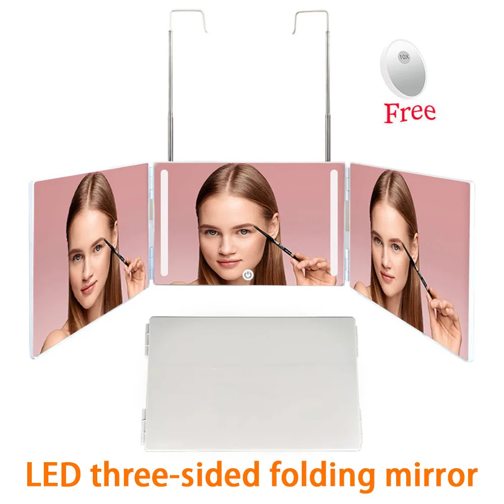 Trifold Cosmetic Mirror with Mini 10X Magnification Mirror Portable Rechargeable LED Mirror for Home Bathroon Bedroom K888
Trifold Cosmetic Mirror with Mini 10X Magnification Mirror Portable Rechargeable LED Mirror for Home Bathroon Bedroom K888