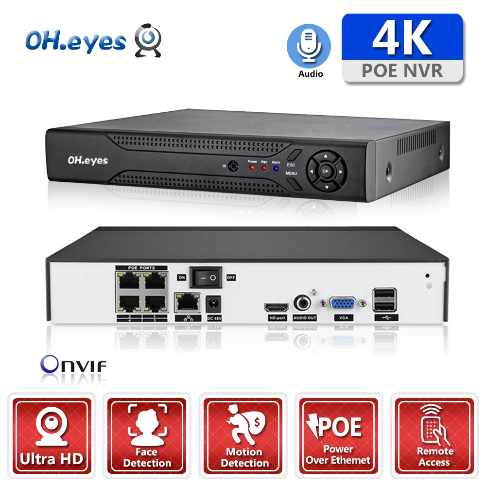 H.265 Max 4K 4CH POE NVR аудио Выход CCTV видеорегистратор для 8MP IP камеры 4 канала ONVIF XMEYE