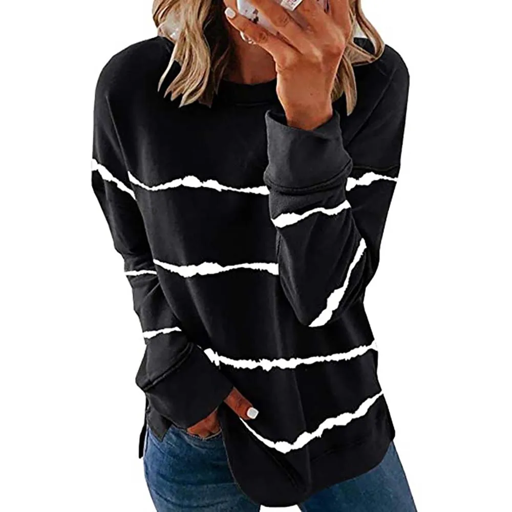 #w Side Split Stripe Print T-Shirt Women Round Neck Classic Tops New Fashion Long Sleeve Shirts
#w Side Split Stripe Print T-Shirt Women Round Neck Classic Tops New Fashion Long Sleeve Shirts