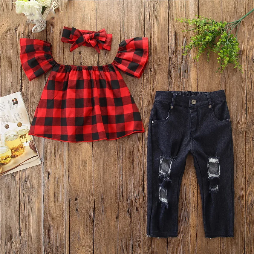 Summer Girl Clothes Set Red Plaid Flare Short Sleeve Off-shoulder Shirt Long Jeans Trousers Fashion Girls Causal Outfits Suit 
Summer Girl Clothes Set Red Plaid Flare Short Sleeve Off-shoulder Shirt Long Jeans Trousers Fashion Girls Causal Outfits Suit