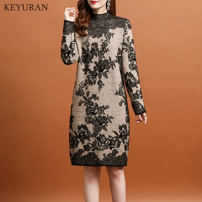 Mink Women Turtleneck Oversized Knitted Dress Autumn Winter Elegant Floral Long Sleeve Thick Mid-length Sweater Dress Oversize 
Mink Women Turtleneck Oversized Knitted Dress Autumn Winter Elegant Floral Long Sleeve Thick Mid-length Sweater Dress Oversize