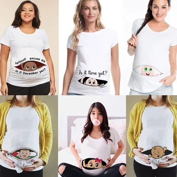 Summer Funny Cartoon Print Pregnancy T-Shirt Tops Maternity Clothing Short Sleeve announcement Pregnant Women Hot Sale T-Shirts
