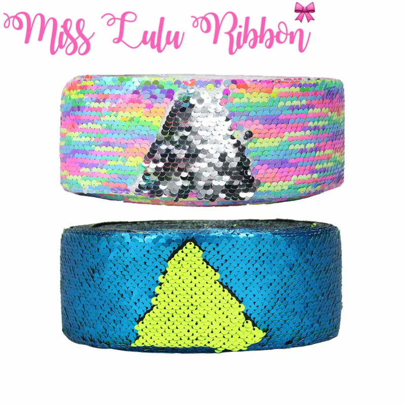 

3"75mm Double Color Silver Reversible Sequin Ribbon Neon Yellow Rainbow DIY Wedding Party Gift Bowknots Making 25yards/roll