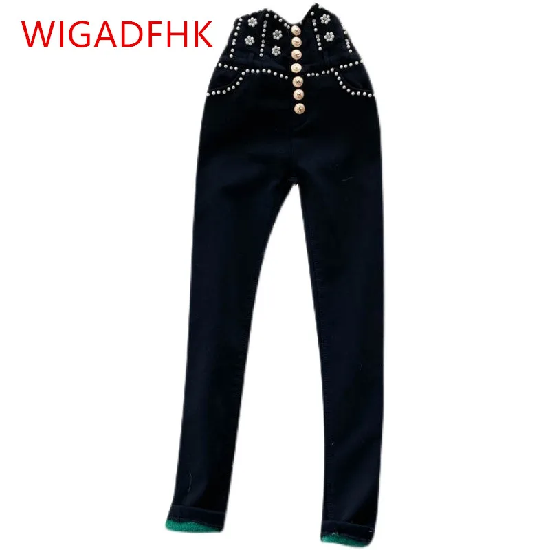 Fashion Beaded High Waist Breasted Casual Pants Slim Foot Pants Women Winter Plus Velvet Warm Black Cropped Trousers
Fashion Beaded High Waist Breasted Casual Pants Slim Foot Pants Women Winter Plus Velvet Warm Black Cropped Trousers