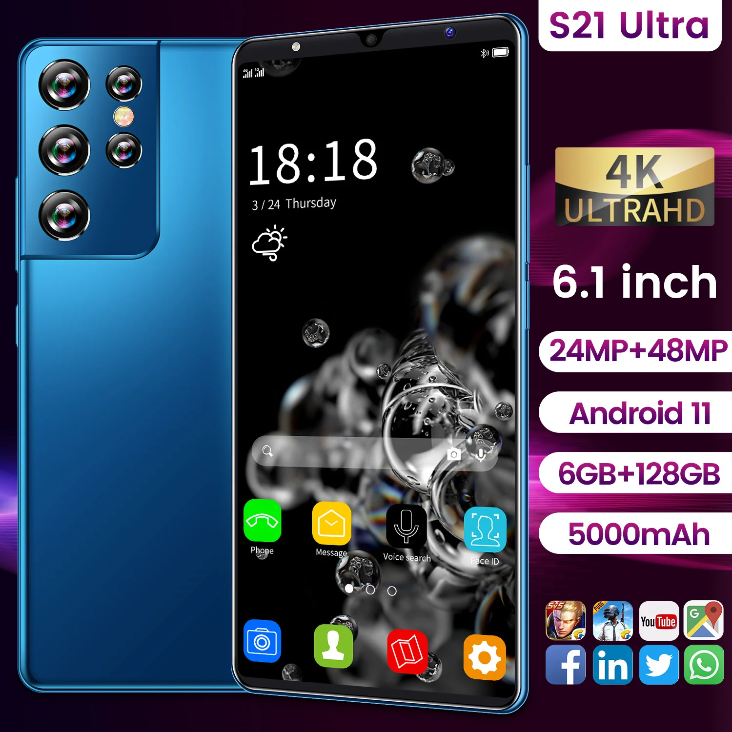 Cheapest Smart Phone S21 Ultra 6GB+128GB 6.1 Inch Full Screen Smartphone 24MP+48MP Camera 5000mAh Cell Phone Fast Shipping
Cheapest Smart Phone S21 Ultra 6GB+128GB 6.1 Inch Full Screen Smartphone 24MP+48MP Camera 5000mAh Cell Phone Fast Shipping