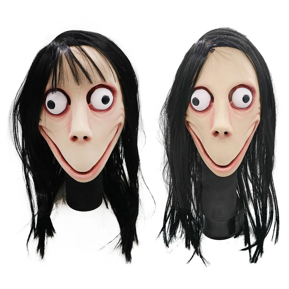 Momo-Хэллоуин ужасная латексная маска большие глаза длинный парик ужасные игры -
