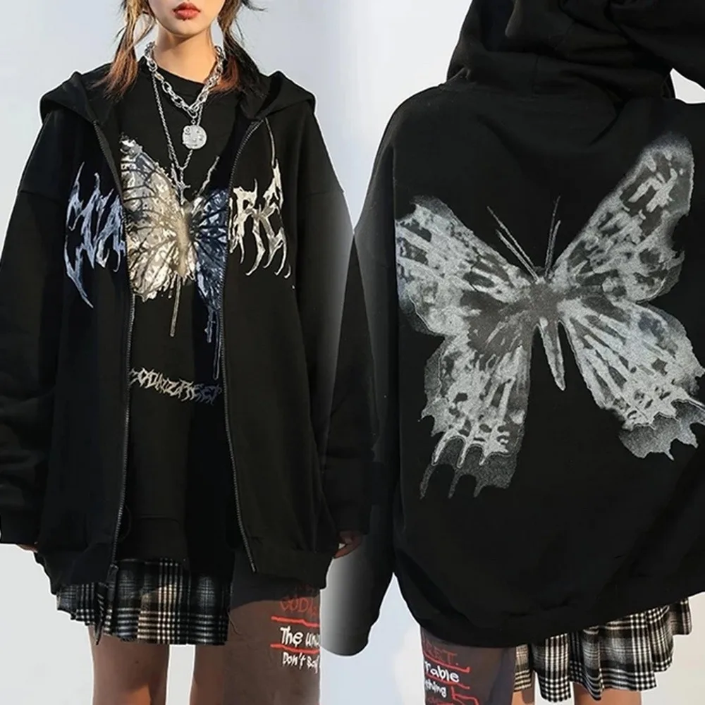 Women Butterfly Print Coat Zip-up Hooded Sweatshirt Goth Harajuku Aesthetic Clothes Punk Jacket Women Hip Hop Streetwear Hoodies
Women Butterfly Print Coat Zip-up Hooded Sweatshirt Goth Harajuku Aesthetic Clothes Punk Jacket Women Hip Hop Streetwear Hoodies