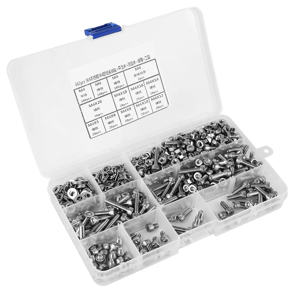 662PCS M4 Screw Set 304 Stainless Steel Cylinder Head Screw + Flat/Elastic Washer + Nut
662PCS M4 Screw Set 304 Stainless Steel Cylinder Head Screw + Flat/Elastic Washer + Nut
