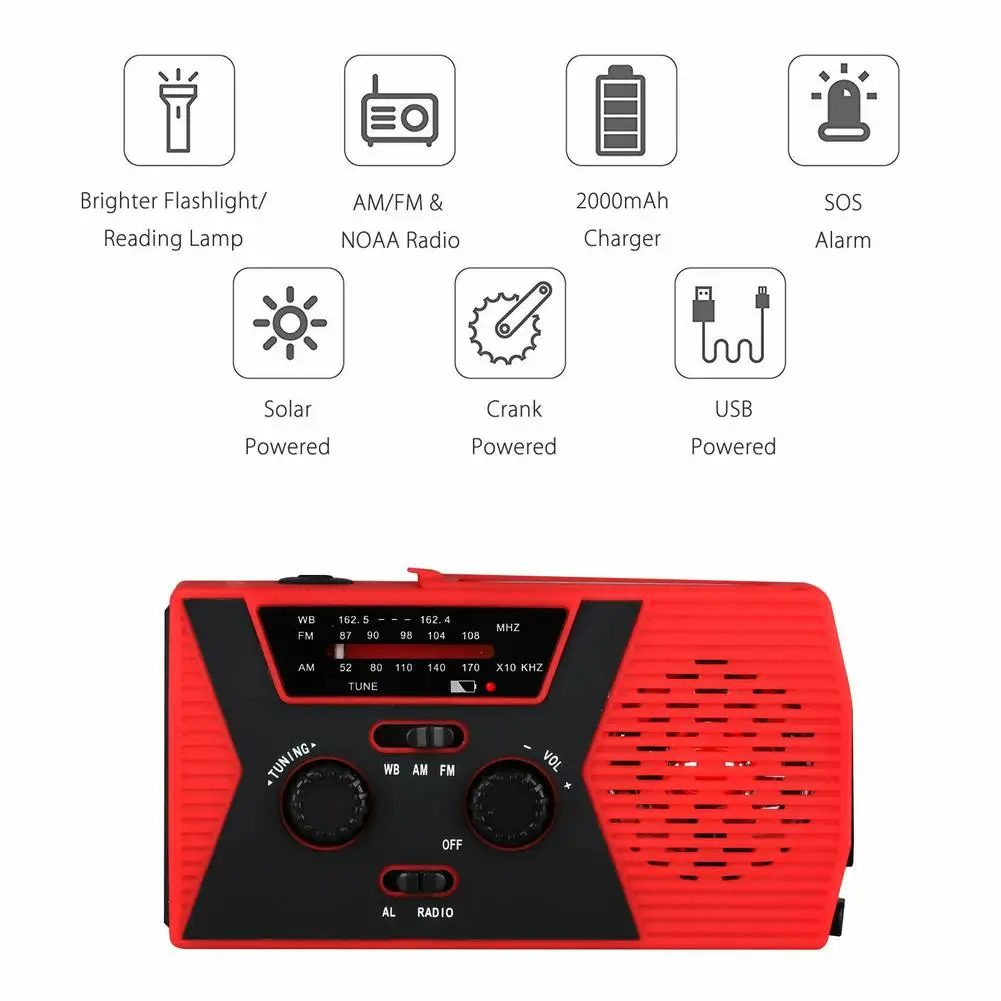 Emergency Solar Crank Radio Charging NOAA Radio With Flashlight Reading Light Weather Radio Built In 2000mAh Power
Emergency Solar Crank Radio Charging NOAA Radio With Flashlight Reading Light Weather Radio Built In 2000mAh Power