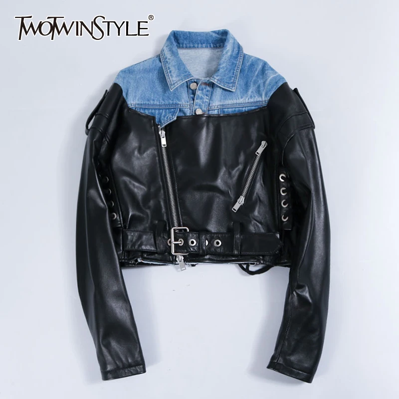 TWOTWINSTYLE Casual Patchwork Denim PU Leather Jacket For Women Lapel Long Sleeve Zipper Streetwear Short Tops Female 2020 Fall
TWOTWINSTYLE Casual Patchwork Denim PU Leather Jacket For Women Lapel Long Sleeve Zipper Streetwear Short Tops Female 2020 Fall