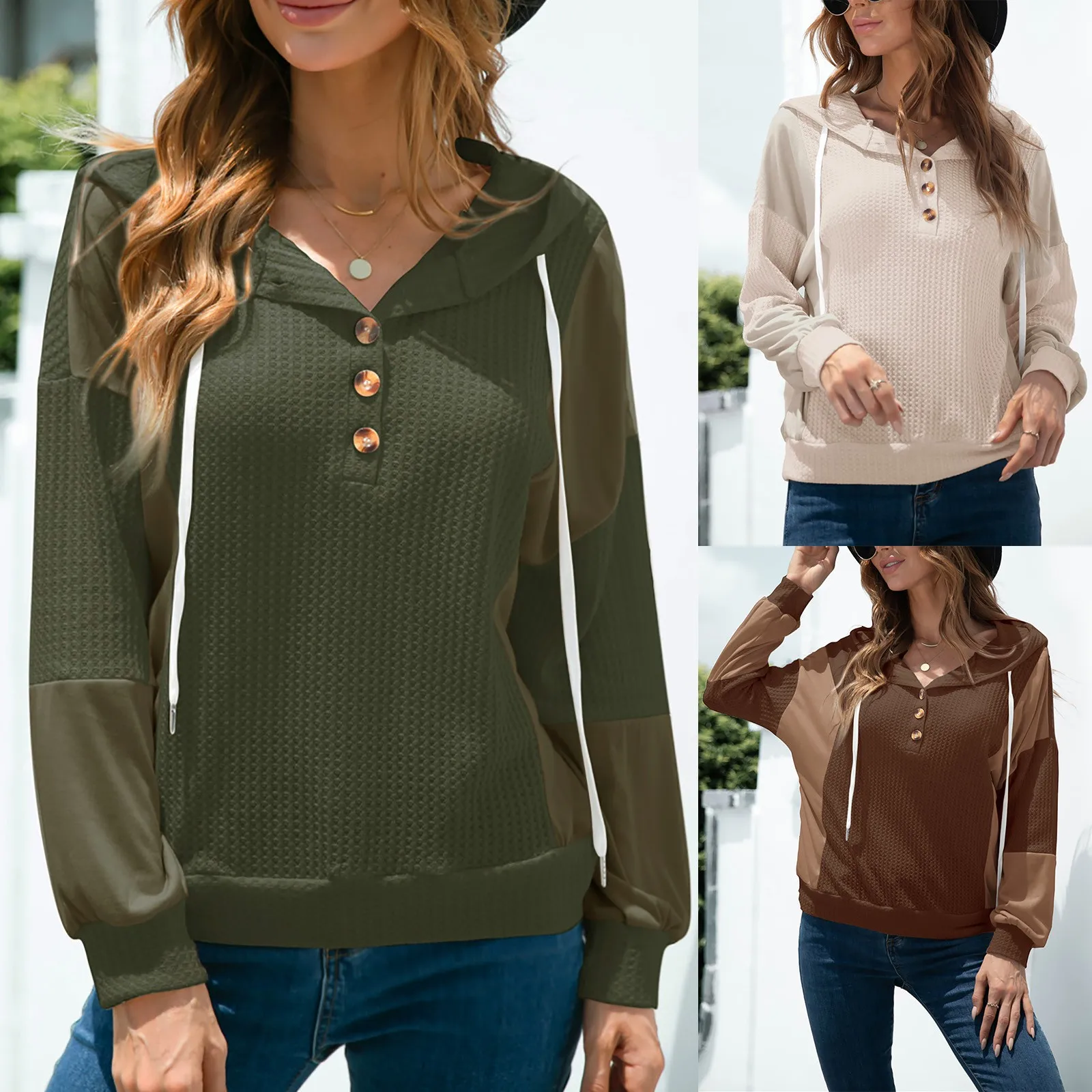 Women Long Sleeve Pullover Sweatshirt Hooded Splicing Buttons Casual Top New Blouse Solid Color Lovely Girl All-match Sweatshirt 
Women Long Sleeve Pullover Sweatshirt Hooded Splicing Buttons Casual Top New Blouse Solid Color Lovely Girl All-match Sweatshirt