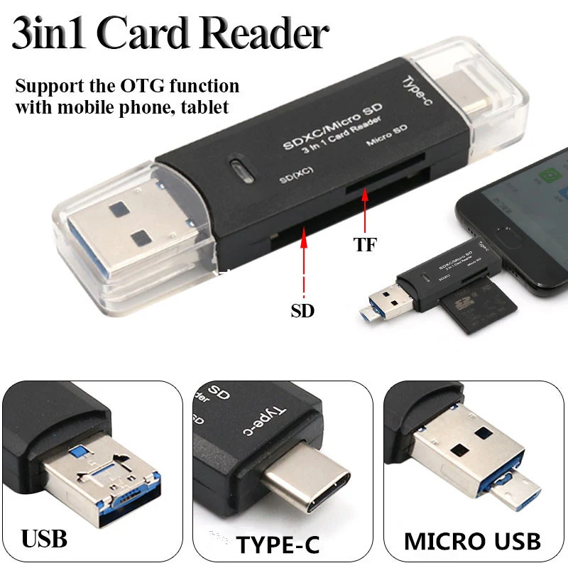 Type C Micro USB 3 в 1 OTG кардридер универсальный высокоскоростной TF / SD адаптер для Android