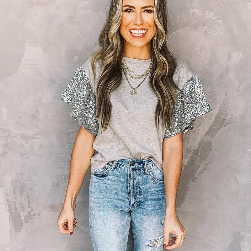 2021 summer new product fashion contrast color stitching sequined short-sleeved T-shirt women
2021 summer new product fashion contrast color stitching sequined short-sleeved T-shirt women