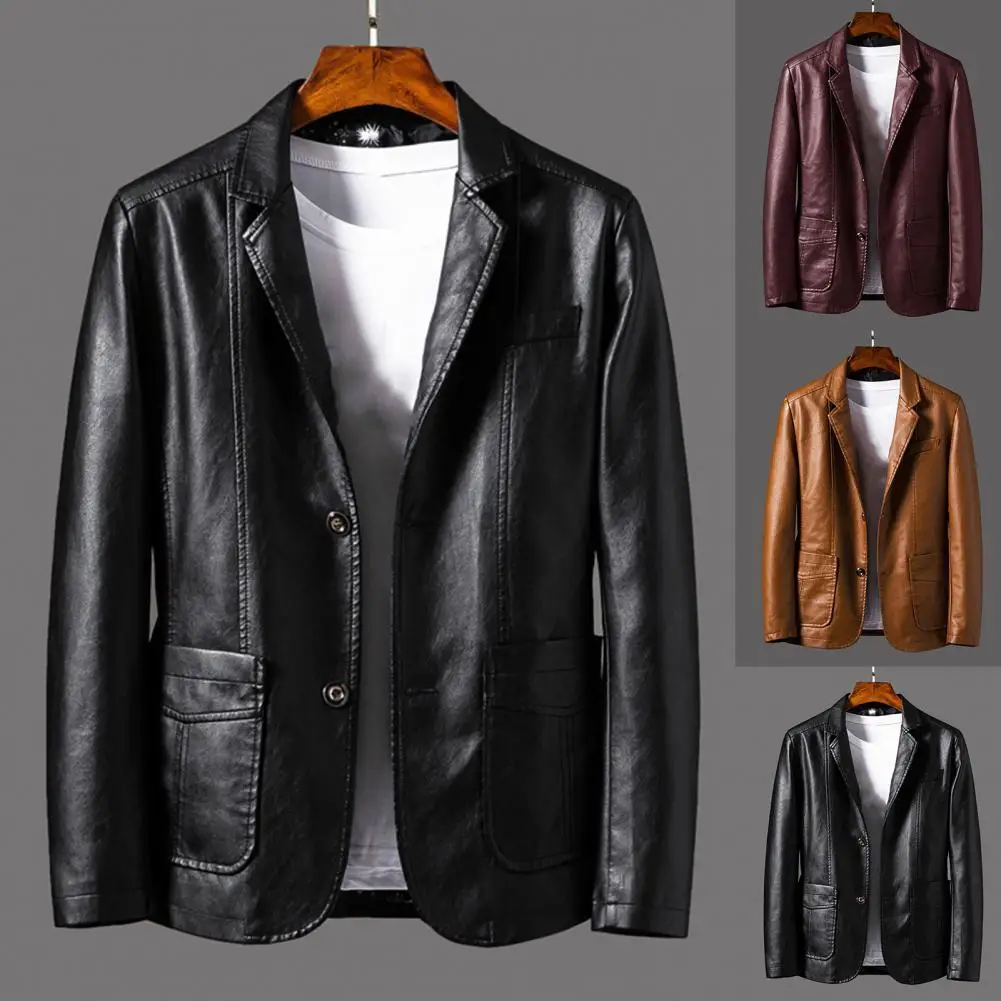 Suit Coat Faux Leather Turn-down Collar Cardigan Solid Color Men Formal Jacket for Meeting 
Suit Coat Faux Leather Turn-down Collar Cardigan Solid Color Men Formal Jacket for Meeting