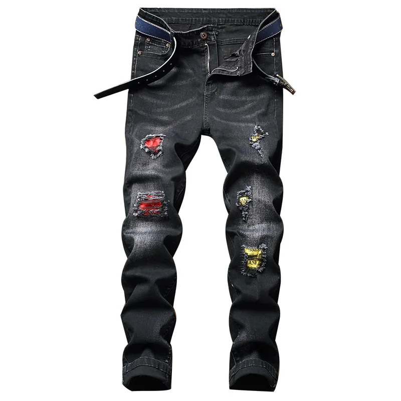 Fall and Winter New Ripped Patch Jeans Men's Slim Fashion Trend Straight Cowboys Trousers Personality Hommes Black Denim Pants
Fall and Winter New Ripped Patch Jeans Men's Slim Fashion Trend Straight Cowboys Trousers Personality Hommes Black Denim Pants