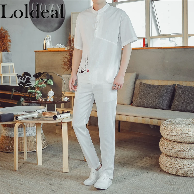 Loldeal Chinese Style Short-sleeved T-shirt Set Men Slim Embroidery Cotton and Linen Pullover + Long Pants 
Loldeal Chinese Style Short-sleeved T-shirt Set Men Slim Embroidery Cotton and Linen Pullover + Long Pants