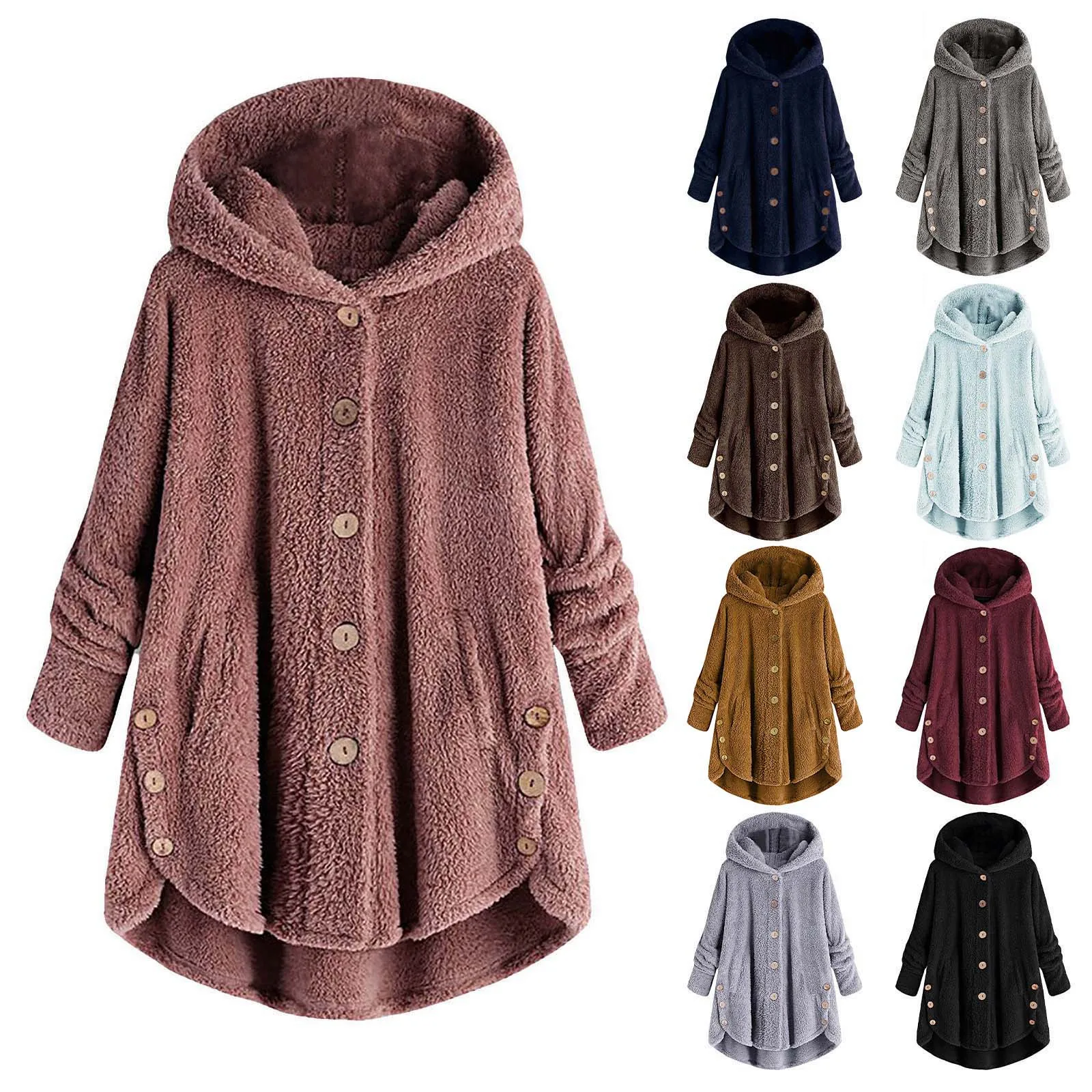 Casual Women Coat Plus Size Button O-Neck Long Sleeves Plush Tops Warm Hooded Loose Outdoor Cardigan Wool Coat Winter Jacket
Casual Women Coat Plus Size Button O-Neck Long Sleeves Plush Tops Warm Hooded Loose Outdoor Cardigan Wool Coat Winter Jacket