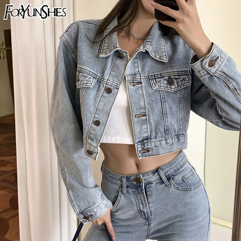 FORYUNSHES винтажная однобортная женская джинсовая куртка с отложным воротником и длинным рукавом Осень 2021 модная Свободная Женская короткая куртка верхняя одежда 
FORYUNSHES винтажная однобортная женская джинсовая куртка с отложным воротником и длинным рукавом Осень 2021 модная Свободная Женская короткая куртка верхняя одежда