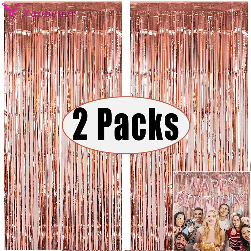 

2Pack Party Backdrop Metallic Foil Fringe Tinsel Curtain Adult Kids Birthday Wedding Party Decoration Baby Shower Favor Supplies