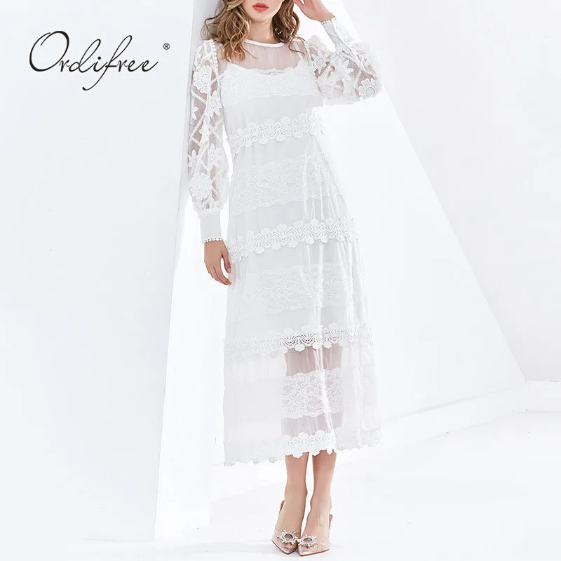 

Женское кружевное платье-макси Ordifree, белое ажурное прозрачное длинное вечернее платье с длинным рукавом, лето 2021